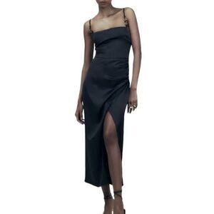 Zara Satin Lingerie Style Dress Black‎ Size L NWT